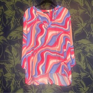 APNY Print Tassel Split Neck Chiffon Top